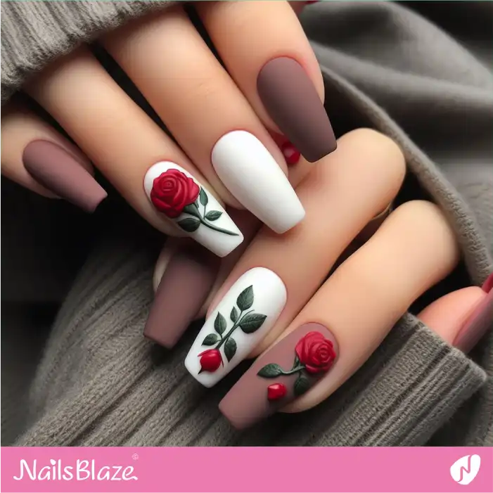 Matte Coffin Nails Red Roses Design | Valentine Nails - NB2125
